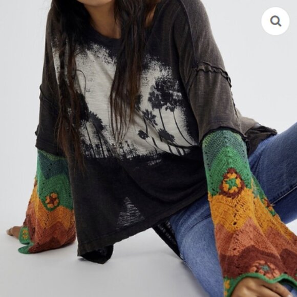 WE THE FREE Free People So Edgy Tee in Washed Black Crochet Sleeve Size XS - Picture 2 of 12